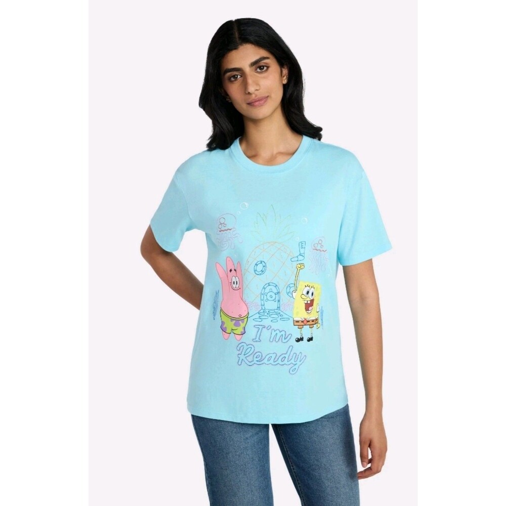 SpongeBob Oversized Embroidered T-Shirt Teal Aqua Women's Small (4-6) NWT